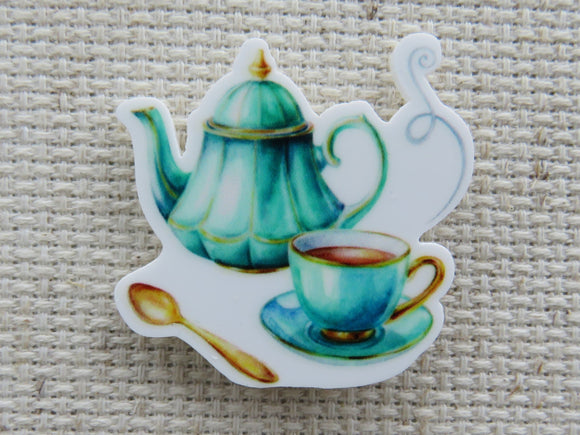 First view of Greenish Blue Tea Pot and Cup Set Needle Minder.