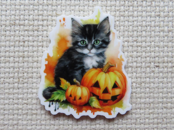 First view of Grey Kitty with Carved Pumpkins Needle Minder.