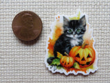 Second view of Grey Kitty with Carved Pumpkins Needle Minder.