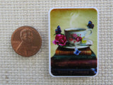 Second view of A Stack of Books with a Teacup on Top Needle Minder.