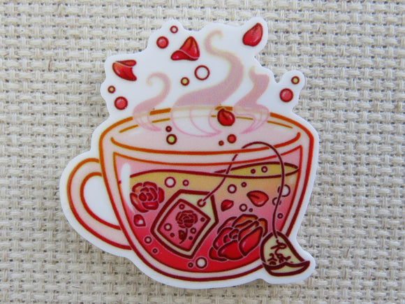 First view of Pink and Red Floral Teacup Needle Minder.