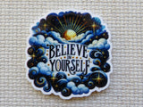 Minder with 'Believe in Yourself' text on a textured beige background