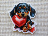 Minder of a dachshund holding a red heart on a textured beige background