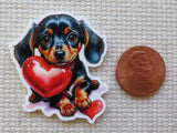 Minder of a dog with a heart next to a penny for size comparison on a textured surface.