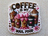 Minder with coffee cups and text 'Coffee is my soul food' on a textured background