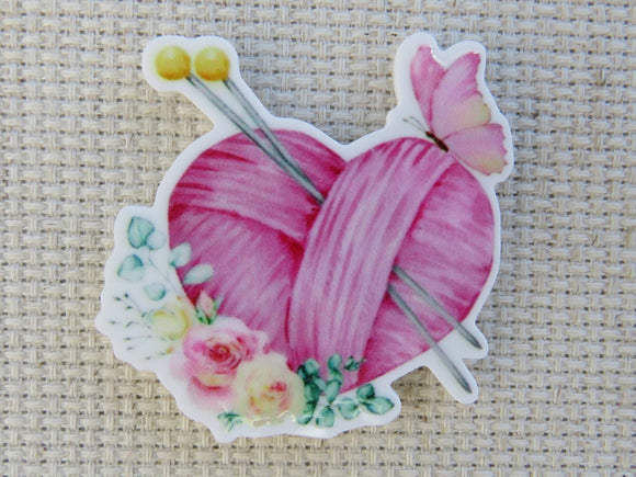 First view of Pink Heart Ball of Yarn Needle Minder.