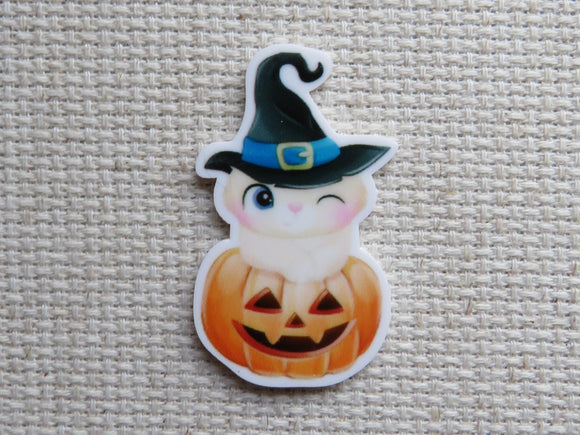 First view of White Witch Pumpkin Kitty Needle Minder.