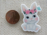 Second view of Sitting Bunny with a Floral Crown Needle Minder.