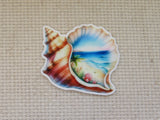 Minder of a shell with a beach scene inside on a textured beige background