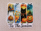 Four panels of Fall fun minder. ghost, flowers, black cat, and haunted house.