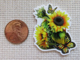 A minder featuring yellow sunflowers and two butterflies on a white background, shown next to a U.S.
