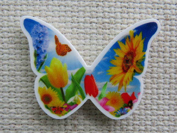First view of Butterfly with a Sunflower and Tulip Scene Needle Minder.