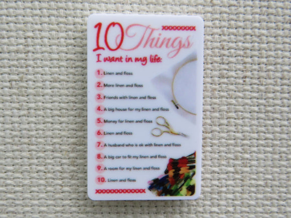 First view of 10 Things I Want in My Life Needle Minder.