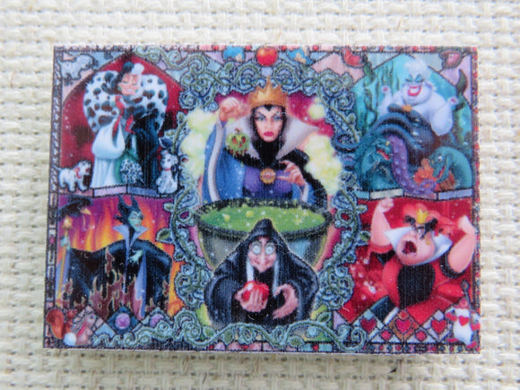 First view of Maleficent, Ursula, The Evil Queen in both her characters, The Queen of Hearts and Cruella make up this montage of Disney Villains needle minder.