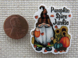 Second view of Festive fall gnome with sunflowers, pumpkins and his favorite pumpkin spice drink in a pumpkin mug needle minder.
