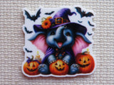 First view of Happy elephant wearing a witch's hat with jack-o-lanterns and flying bats minder.