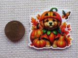 Second view of Puppy with a Butterfly Pumpkin Fun Needle Minder.