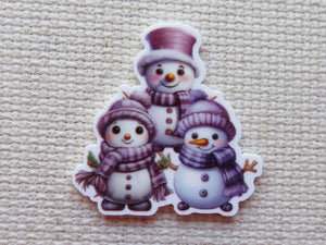 First view of A Trio of Purple Snowmen Needle Minder.