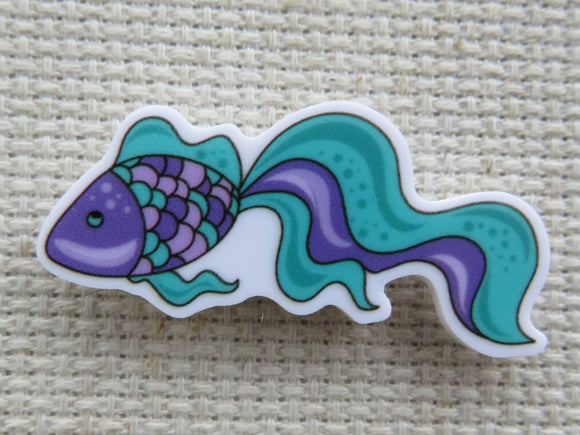 First view of bluish green and purple fish with a fancy tail minder.