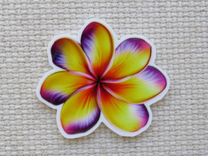 First view of Yellow and Purple Plumeria Bloom Needle Minder.