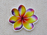 First view of Yellow and Purple Plumeria Bloom Needle Minder.