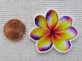 Second view of Yellow and Purple .Plumeria Bloom Needle Minder