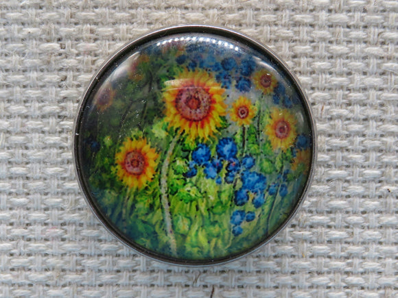 First view of Sunflowers with  Blue Iris Domed Needle Minder