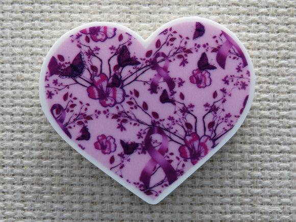 First view of Purple Ribbon Heart Needle Minder.