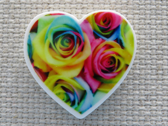 First view of Rainbow Colored Rose Heart Needle Minder.