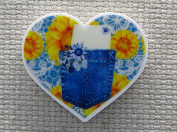 First view of Denim and lace pocket heart with sunflowers minder.