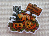 First view of Black cat with four jack-o-lanterns and a sign that wishes you a "Happy Halloween" minder.