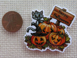 Second view of Black cat with four jack-o-lanterns and a sign that wishes you a "Happy Halloween" minder.