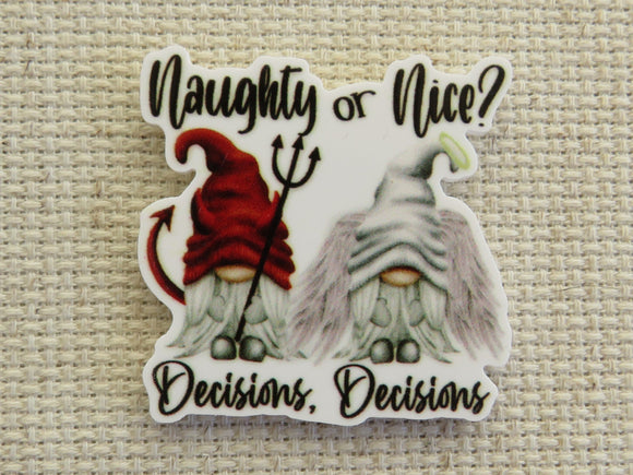 First view of Decisions, Decisions, should I be naughty or nice asks this pair of gnomes, one is a devil and one is an angel. Who is sitting on your shoulder? minder.