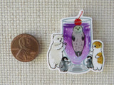 Second view of a seal in a purple drink with a polar bear, orange cat, and a couple of penguins looking in needle minder.