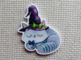 First view of stripped gray kitten is curled up asleep while wearing a purple witch's hat and a cute purple bow minder.