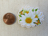 Second view of A trio of white daisies with a yellow center with a couple of yellowish butterflies fluttering about minder.