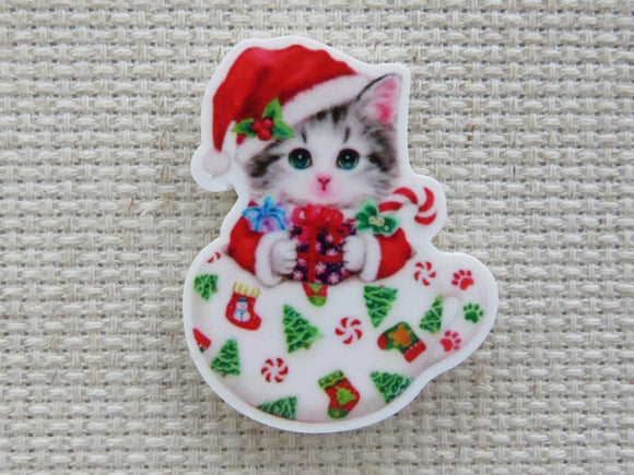 First view of Christmas Kitty in a Teacup Needle Minder.