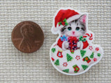 Second view of Christmas Kitty in a Teacup Needle Minder.