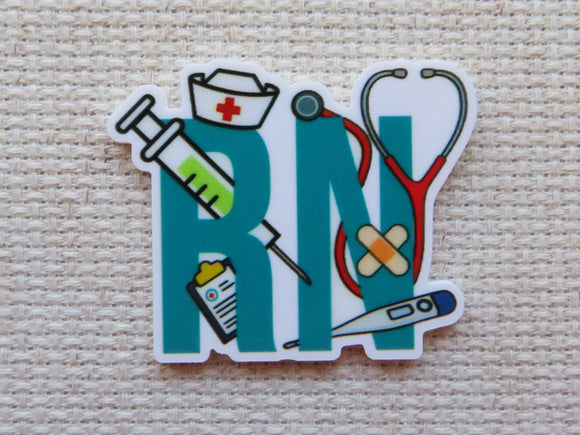 First view of RN in a lighter blue with a nurses hat, stethoscope, clipboard, shot, thermometer, and band aids minder.