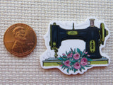 Second view of Vintage Black Sewing Machine with Pink Roses Needle Minder