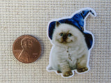 Second view of White Kitty with a Witch's Hat Needle Minder.