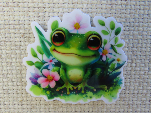 First view of Cute green frog with pink flowers minder.