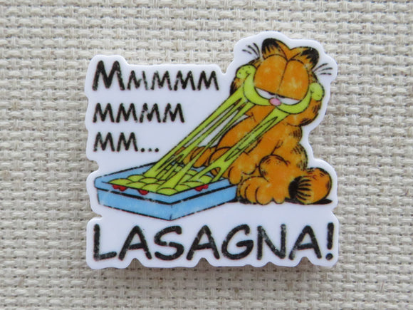 First view of Garfield is enjoying a pan of lasagna with the words Mmmmmmmmmmm....Lasagna! minder.