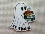 First  view of a ghost carrying a stack of books with a drink on top minder.