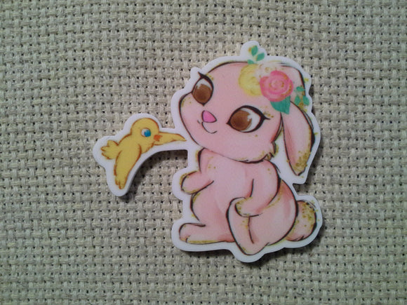 First view of the Pretty Pink Bunny with a Bird Friend Needle Minder