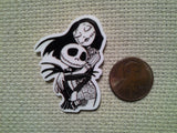 Second view of the Black and White Jack and Sally Embrace Needle Minder