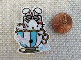 Second view of Cute White Kitty in a Teacup Needle Minder.