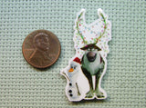 Second view of the Olaf and Sven Decorated in Christmas Lights Needle Minder