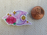 Second view of Rosy Pink Moon and Stars Needle Minder.