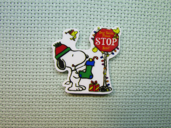 First view of the Dear Santa Please Stop Here Snoopy and Woodstock Needle Minder